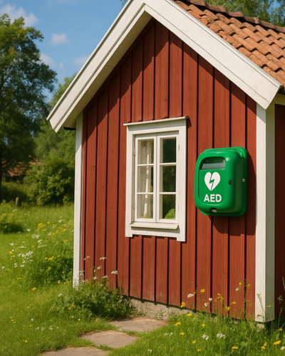 En stuga med en hjärtstartare tydligt placerad på fasadväggen, en symbol för säkerhet och beredskap
